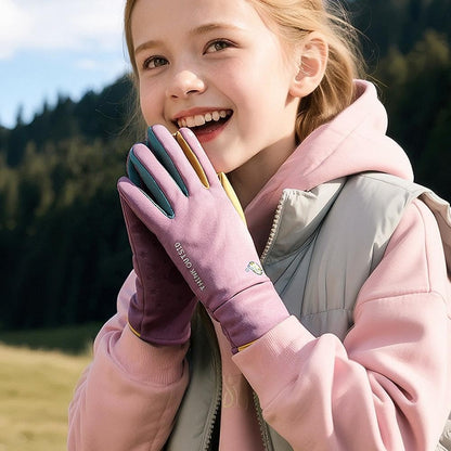 DRST41 Color Splicing Winter Gloves for Children Warm Fleece Lined Outdoor Cycling Non Slip Mittens