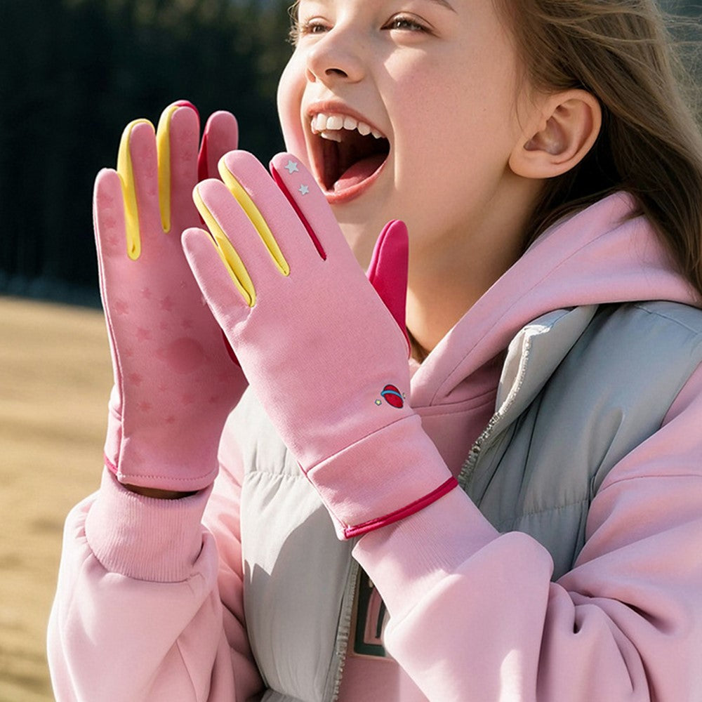 DRST41 Color Splicing Winter Gloves for Children Warm Fleece Lined Outdoor Cycling Non Slip Mittens