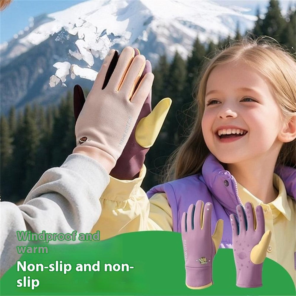 DRST41 Color Splicing Winter Gloves for Children Warm Fleece Lined Outdoor Cycling Non Slip Mittens