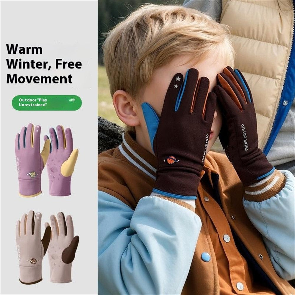 DRST41 Color Splicing Winter Gloves for Children Warm Fleece Lined Outdoor Cycling Non Slip Mittens