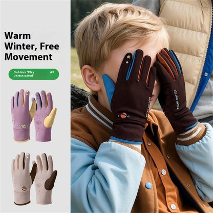 DRST41 Color Splicing Winter Gloves for Children Warm Fleece Lined Outdoor Cycling Non Slip Mittens