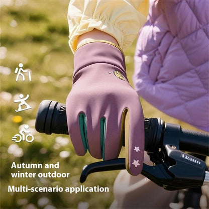 DRST41 Color Splicing Winter Gloves for Children Warm Fleece Lined Outdoor Cycling Non Slip Mittens