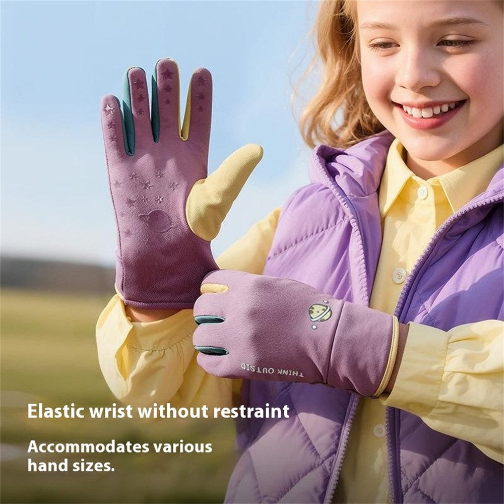 DRST41 Color Splicing Winter Gloves for Children Warm Fleece Lined Outdoor Cycling Non Slip Mittens