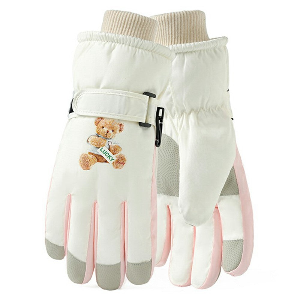 Windproof Skiing Gloves for Boys Girls Bear Print Fleece Lined Kids Winter Touchscreen Gloves