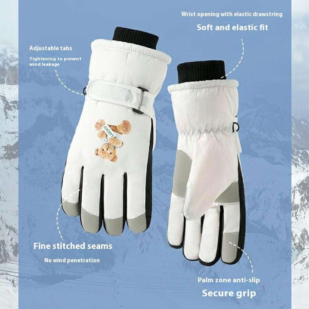 Windproof Skiing Gloves for Boys Girls Bear Print Fleece Lined Kids Winter Touchscreen Gloves