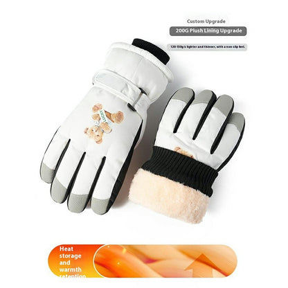 Windproof Skiing Gloves for Boys Girls Bear Print Fleece Lined Kids Winter Touchscreen Gloves