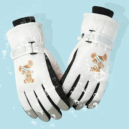 Windproof Skiing Gloves for Boys Girls Bear Print Fleece Lined Kids Winter Touchscreen Gloves