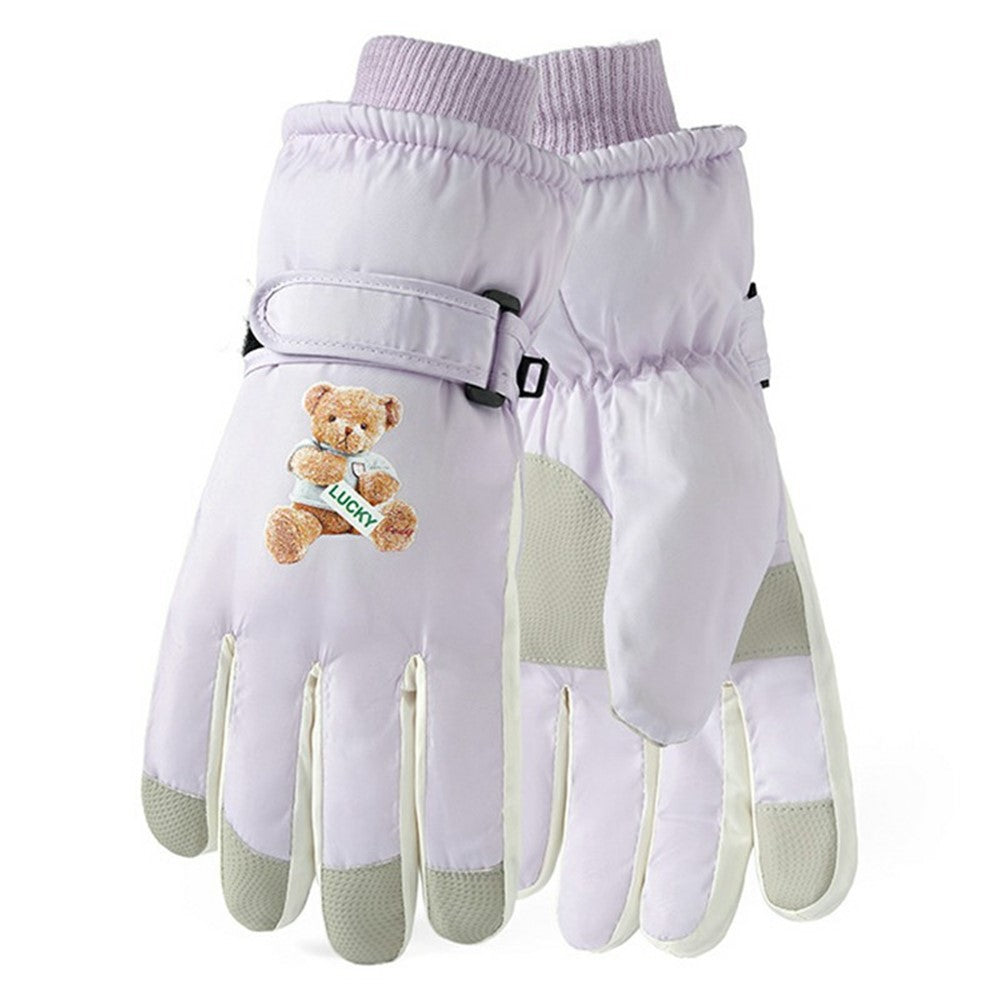Windproof Skiing Gloves for Boys Girls Bear Print Fleece Lined Kids Winter Touchscreen Gloves