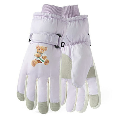 Windproof Skiing Gloves for Boys Girls Bear Print Fleece Lined Kids Winter Touchscreen Gloves
