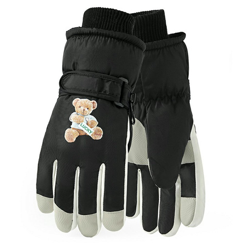 Windproof Skiing Gloves for Boys Girls Bear Print Fleece Lined Kids Winter Touchscreen Gloves