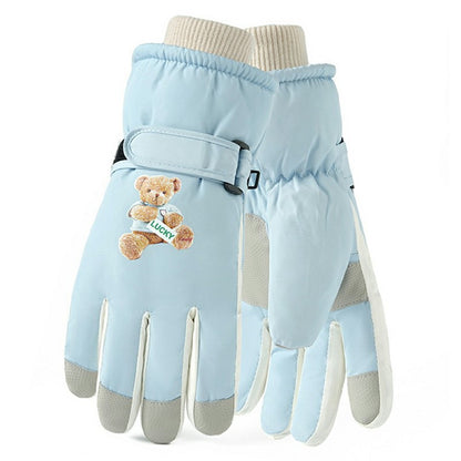 Windproof Skiing Gloves for Boys Girls Bear Print Fleece Lined Kids Winter Touchscreen Gloves