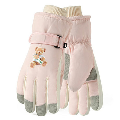 Windproof Skiing Gloves for Boys Girls Bear Print Fleece Lined Kids Winter Touchscreen Gloves