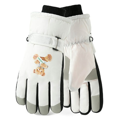 Windproof Skiing Gloves for Boys Girls Bear Print Fleece Lined Kids Winter Touchscreen Gloves