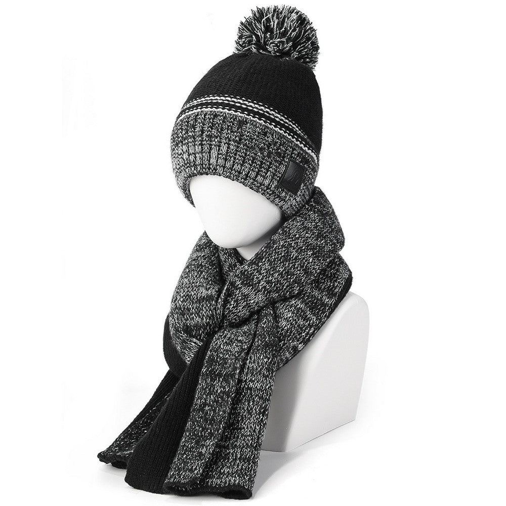 JUNGLEBILL 2Pcs / Set Winter Windproof Knit Scarf and Thermal Fleece Lined Beanie Hat with Pompom for Adult / Children