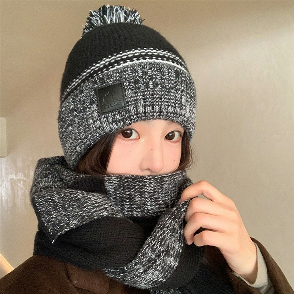 JUNGLEBILL 2Pcs / Set Winter Windproof Knit Scarf and Thermal Fleece Lined Beanie Hat with Pompom for Adult / Children