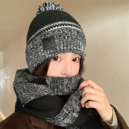 JUNGLEBILL 2Pcs / Set Winter Windproof Knit Scarf and Thermal Fleece Lined Beanie Hat with Pompom for Adult / Children