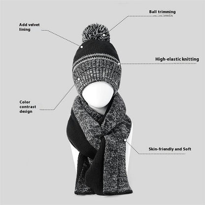 JUNGLEBILL 2Pcs / Set Winter Windproof Knit Scarf and Thermal Fleece Lined Beanie Hat with Pompom for Adult / Children
