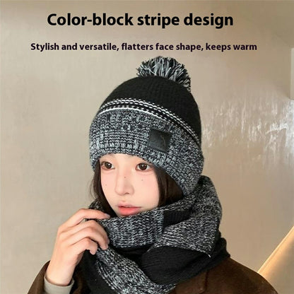 JUNGLEBILL 2Pcs / Set Winter Windproof Knit Scarf and Thermal Fleece Lined Beanie Hat with Pompom for Adult / Children