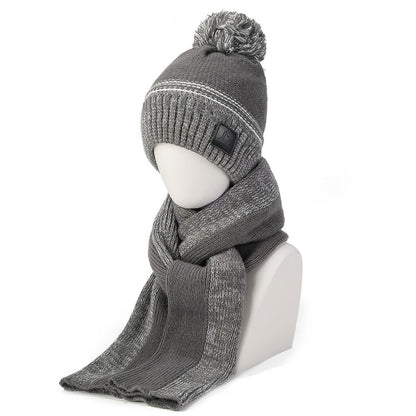 JUNGLEBILL 2Pcs / Set Winter Windproof Knit Scarf and Thermal Fleece Lined Beanie Hat with Pompom for Adult / Children