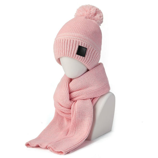 JUNGLEBILL 2Pcs / Set Winter Windproof Knit Scarf and Thermal Fleece Lined Beanie Hat with Pompom for Adult / Children