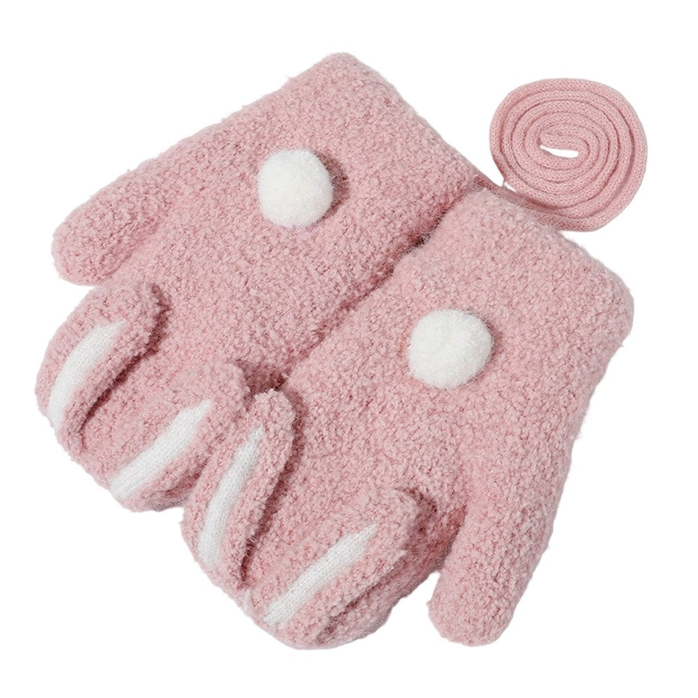 DRST26 Winter Gloves for Children 2-6 Years Old Thick Fleece Lined Cute Rabbit Ears and Tail Mittens with Neck Strap