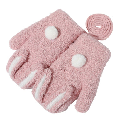 DRST26 Winter Gloves for Children 2-6 Years Old Thick Fleece Lined Cute Rabbit Ears and Tail Mittens with Neck Strap