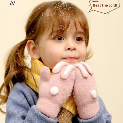 DRST26 Winter Gloves for Children 2-6 Years Old Thick Fleece Lined Cute Rabbit Ears and Tail Mittens with Neck Strap