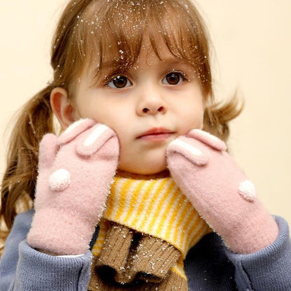 DRST26 Winter Gloves for Children 2-6 Years Old Thick Fleece Lined Cute Rabbit Ears and Tail Mittens with Neck Strap