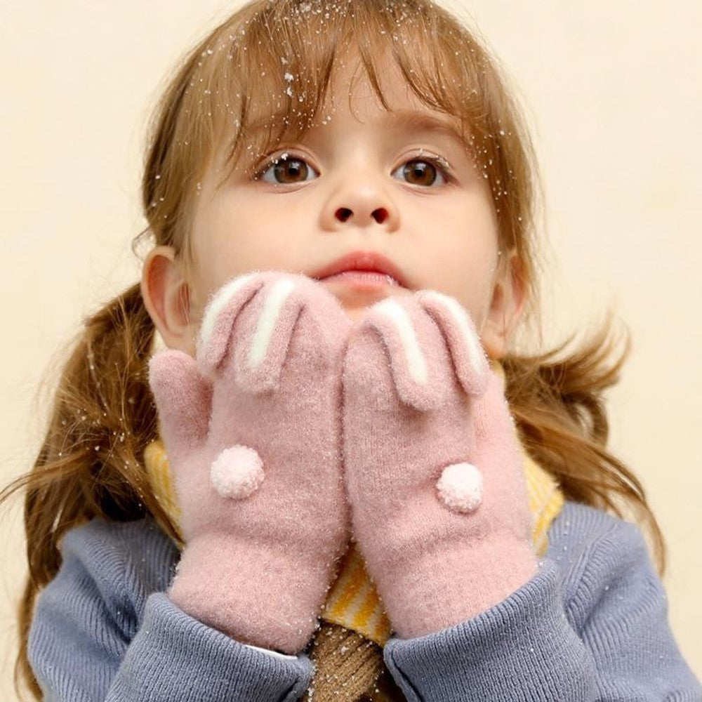 DRST26 Winter Gloves for Children 2-6 Years Old Thick Fleece Lined Cute Rabbit Ears and Tail Mittens with Neck Strap