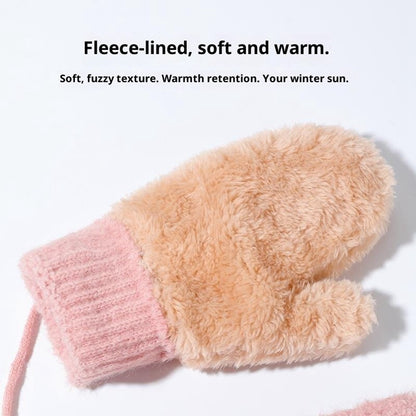 DRST26 Winter Gloves for Children 2-6 Years Old Thick Fleece Lined Cute Rabbit Ears and Tail Mittens with Neck Strap