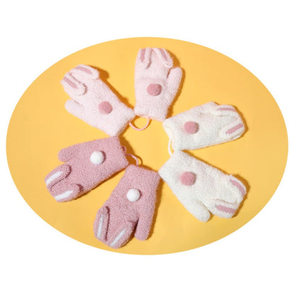 DRST26 Winter Gloves for Children 2-6 Years Old Thick Fleece Lined Cute Rabbit Ears and Tail Mittens with Neck Strap