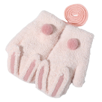 DRST26 Winter Gloves for Children 2-6 Years Old Thick Fleece Lined Cute Rabbit Ears and Tail Mittens with Neck Strap
