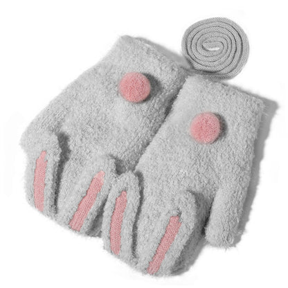 DRST26 Winter Gloves for Children 2-6 Years Old Thick Fleece Lined Cute Rabbit Ears and Tail Mittens with Neck Strap