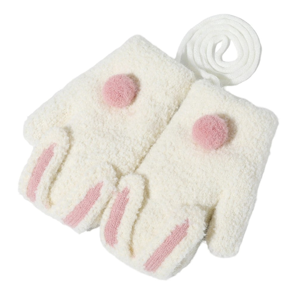 DRST26 Winter Gloves for Children 2-6 Years Old Thick Fleece Lined Cute Rabbit Ears and Tail Mittens with Neck Strap