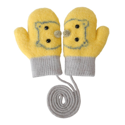 DRST30 Winter Warm Fleece Lined Mittens for Children 2-5 Years Old Cartoon Animal Pattern Neck Hanging Gloves