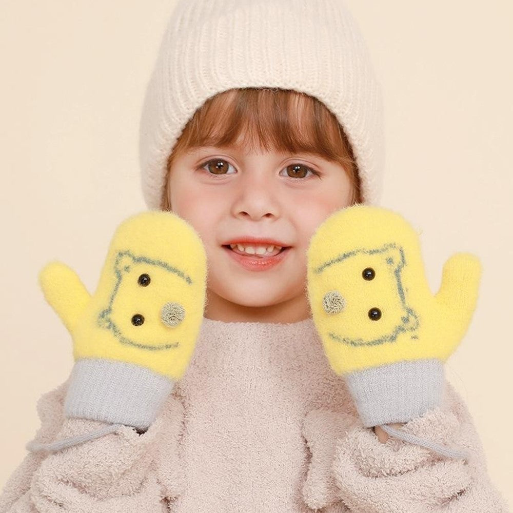 DRST30 Winter Warm Fleece Lined Mittens for Children 2-5 Years Old Cartoon Animal Pattern Neck Hanging Gloves