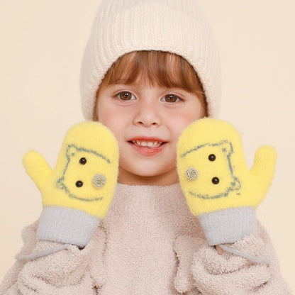 DRST30 Winter Warm Fleece Lined Mittens for Children 2-5 Years Old Cartoon Animal Pattern Neck Hanging Gloves