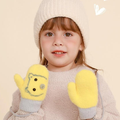 DRST30 Winter Warm Fleece Lined Mittens for Children 2-5 Years Old Cartoon Animal Pattern Neck Hanging Gloves