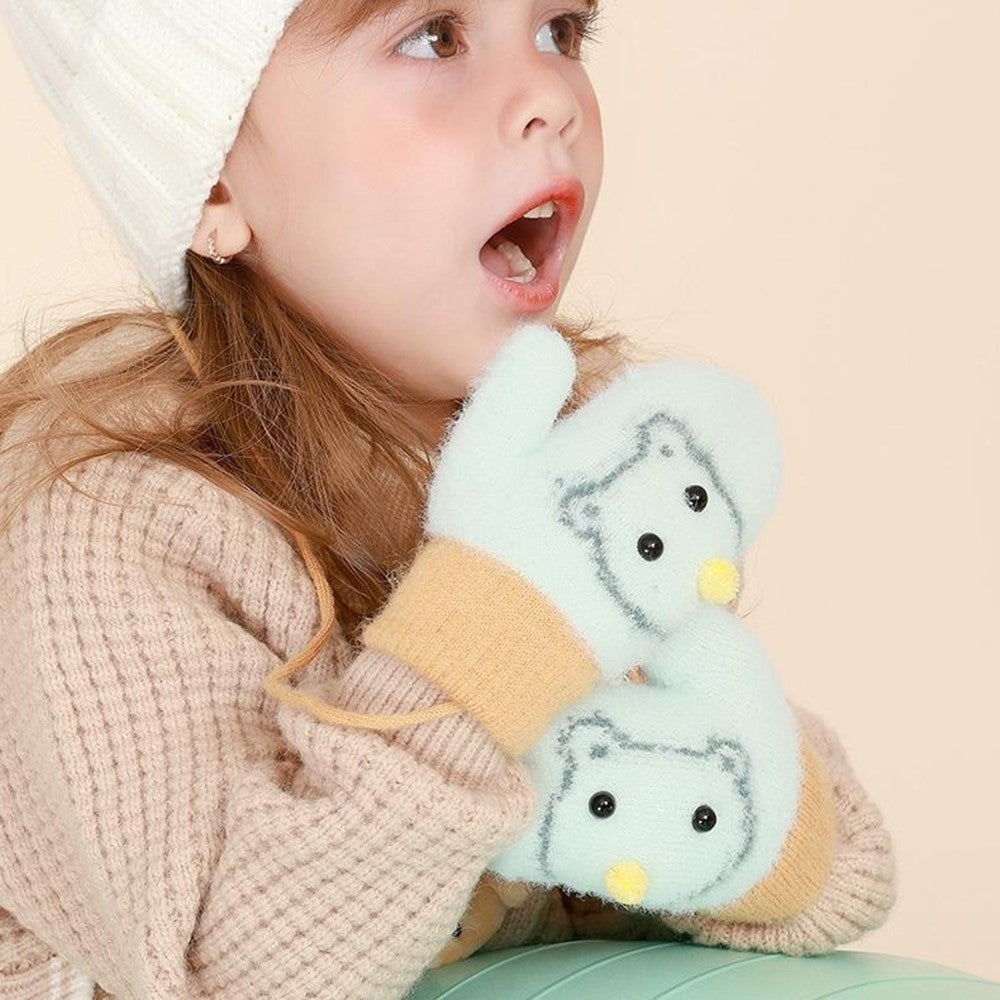 DRST30 Winter Warm Fleece Lined Mittens for Children 2-5 Years Old Cartoon Animal Pattern Neck Hanging Gloves