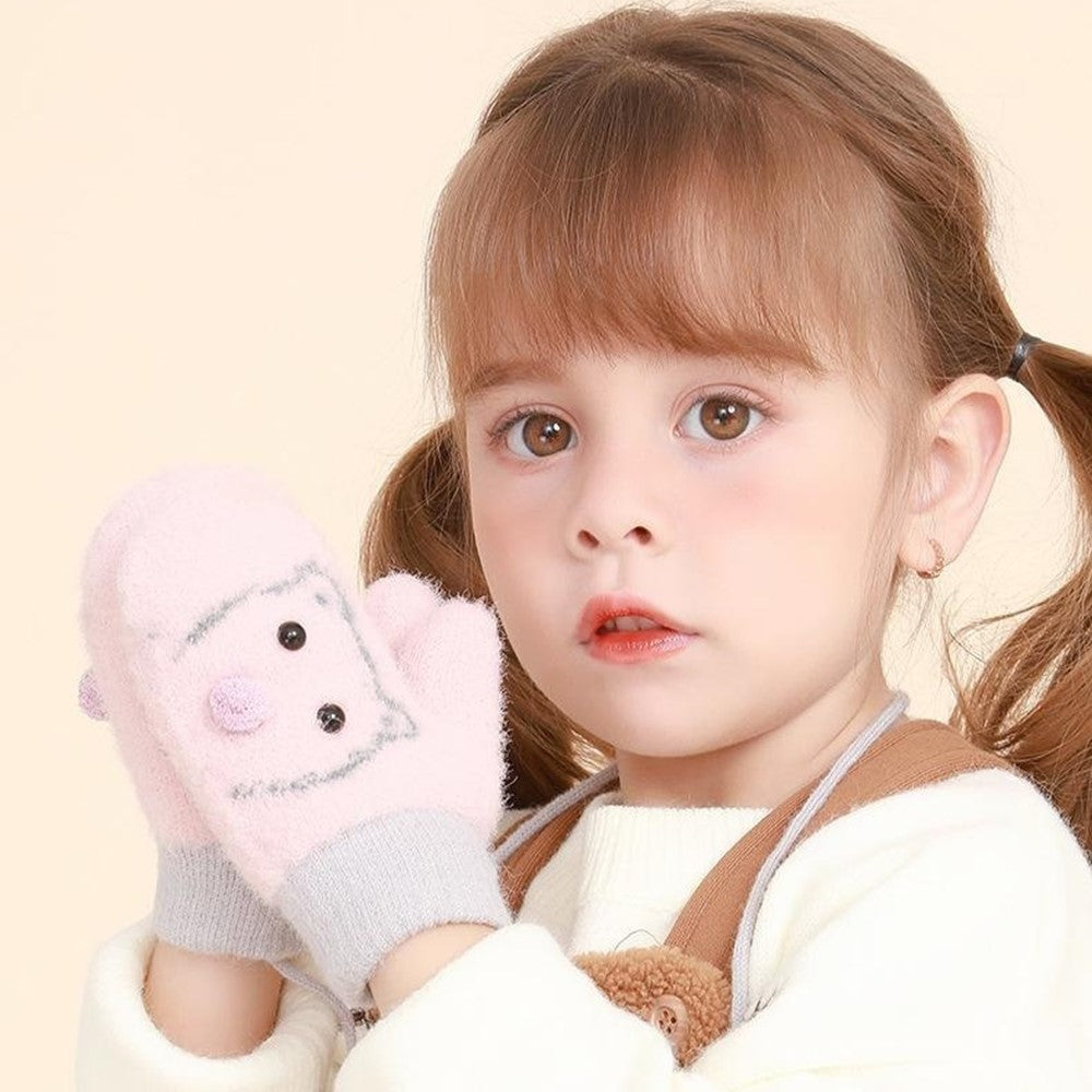 DRST30 Winter Warm Fleece Lined Mittens for Children 2-5 Years Old Cartoon Animal Pattern Neck Hanging Gloves