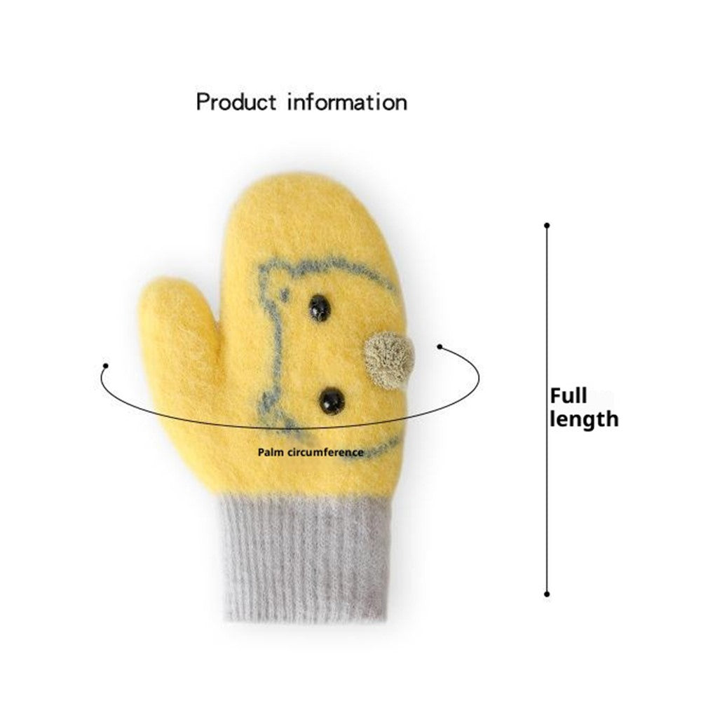 DRST30 Winter Warm Fleece Lined Mittens for Children 2-5 Years Old Cartoon Animal Pattern Neck Hanging Gloves