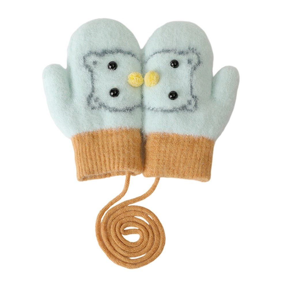 DRST30 Winter Warm Fleece Lined Mittens for Children 2-5 Years Old Cartoon Animal Pattern Neck Hanging Gloves