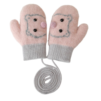 DRST30 Winter Warm Fleece Lined Mittens for Children 2-5 Years Old Cartoon Animal Pattern Neck Hanging Gloves