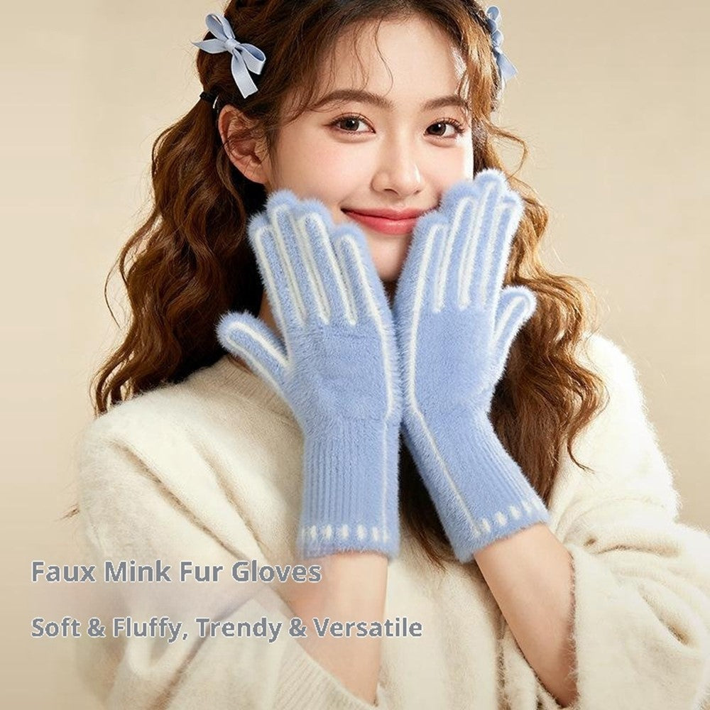 DZ155 Winter Gloves with Touchscreen Compatible Fingertip Holes Warm Faux Mink Fur Mittens for Women