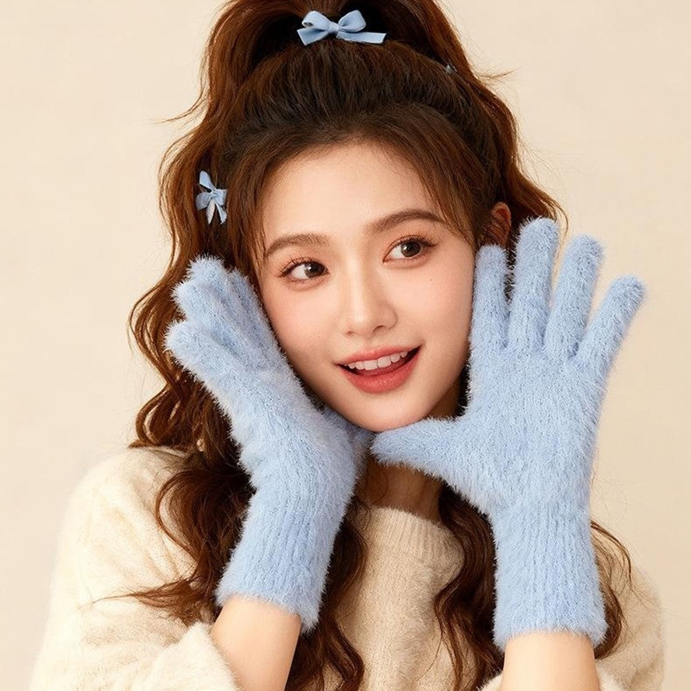 DZ155 Winter Gloves with Touchscreen Compatible Fingertip Holes Warm Faux Mink Fur Mittens for Women