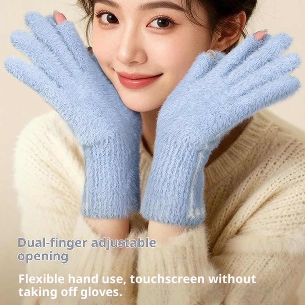 DZ155 Winter Gloves with Touchscreen Compatible Fingertip Holes Warm Faux Mink Fur Mittens for Women