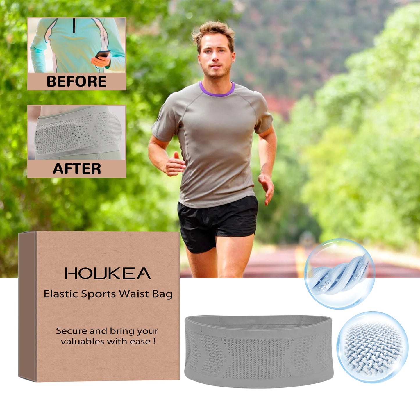 HOUKEA Elastic Sports Waist Pack Phone Wallet Storage Waist Bag for Outdoor / Running / Fitness