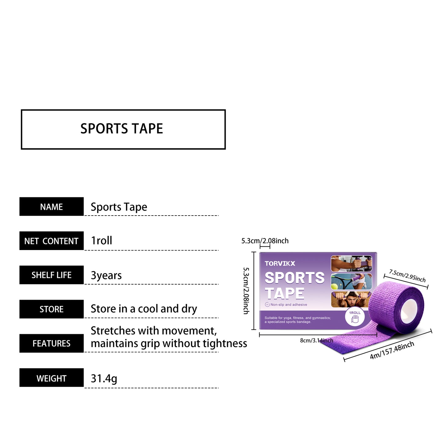 TORVIKX 7.5cm Width Sports Anti-Slip Tape Non-Woven Fabric Grip Enhancer for Yoga Mat Racket Gym Bar, Length: 4m