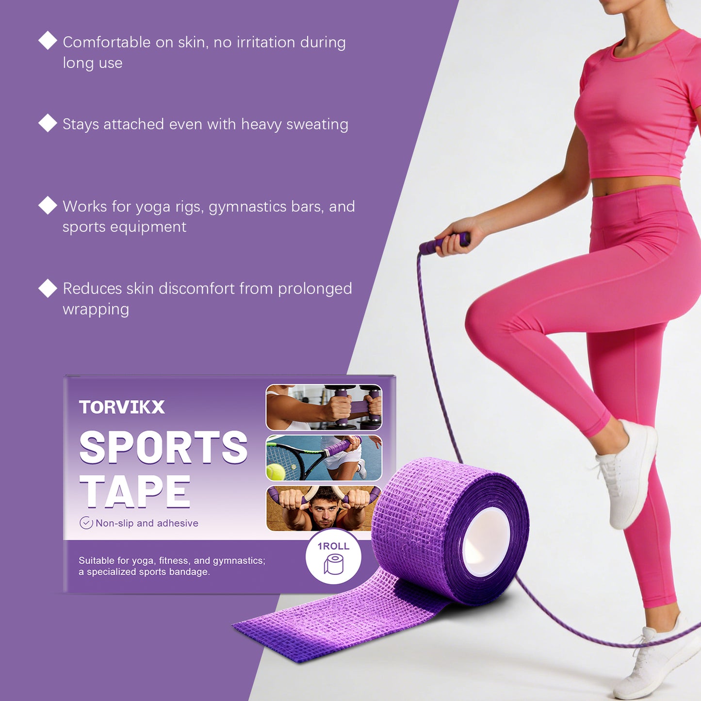 TORVIKX 7.5cm Width Sports Anti-Slip Tape Non-Woven Fabric Grip Enhancer for Yoga Mat Racket Gym Bar, Length: 4m