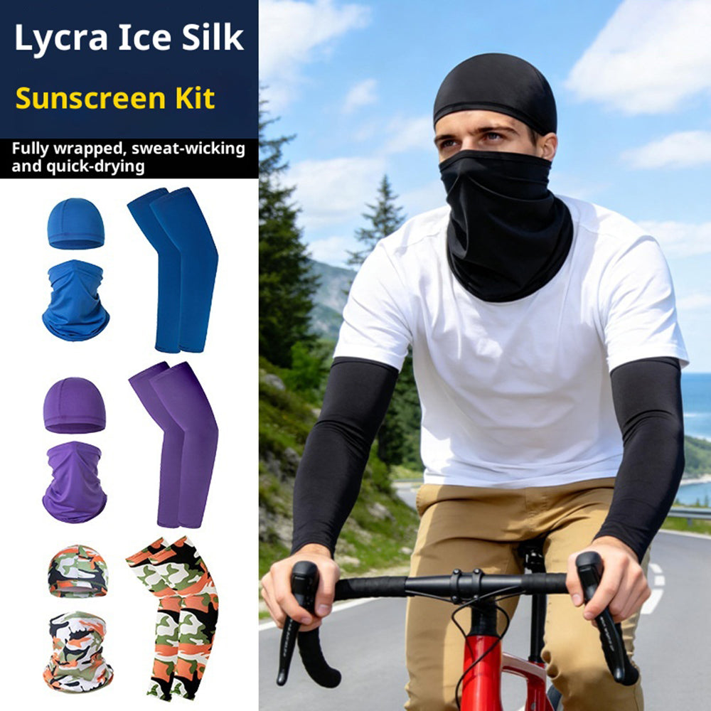 Summer UV Protection Breathable Ice Silk Arm Sleeves Beanie Cap Neck Gaiter Magic Headband Set for Outdoor Cycling